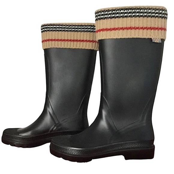 Burberry Shoes - *SOLD* BURBERRY Knit Top Nova Check Black Rubber Knee Boots, SZ 40.